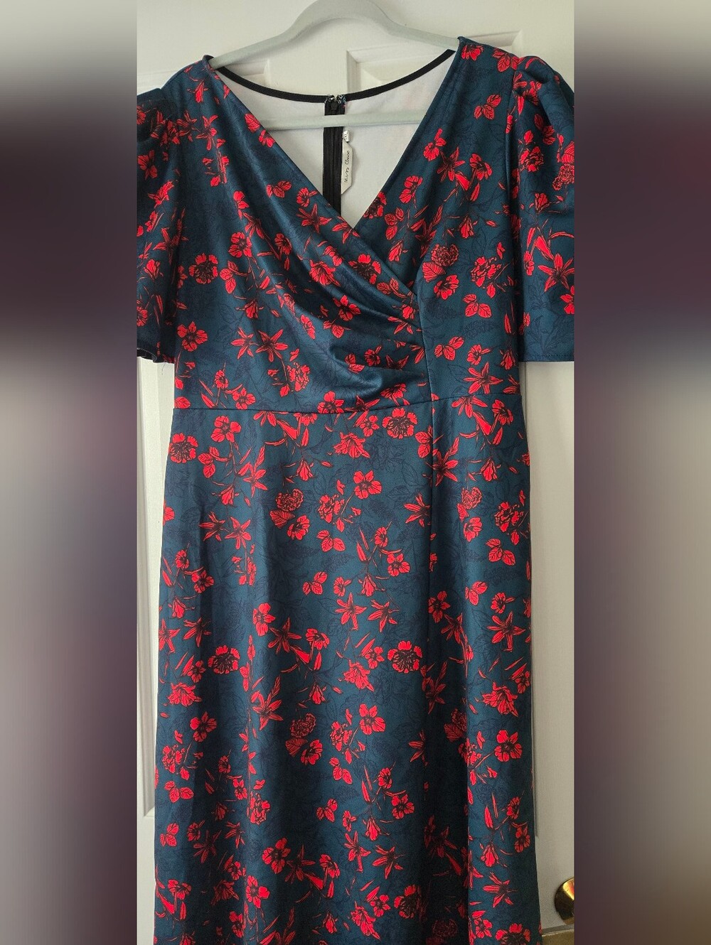 Teal Red Floral Wrap Midi Dress Puff Sleeve Party Wedding - Picture 3 of 6